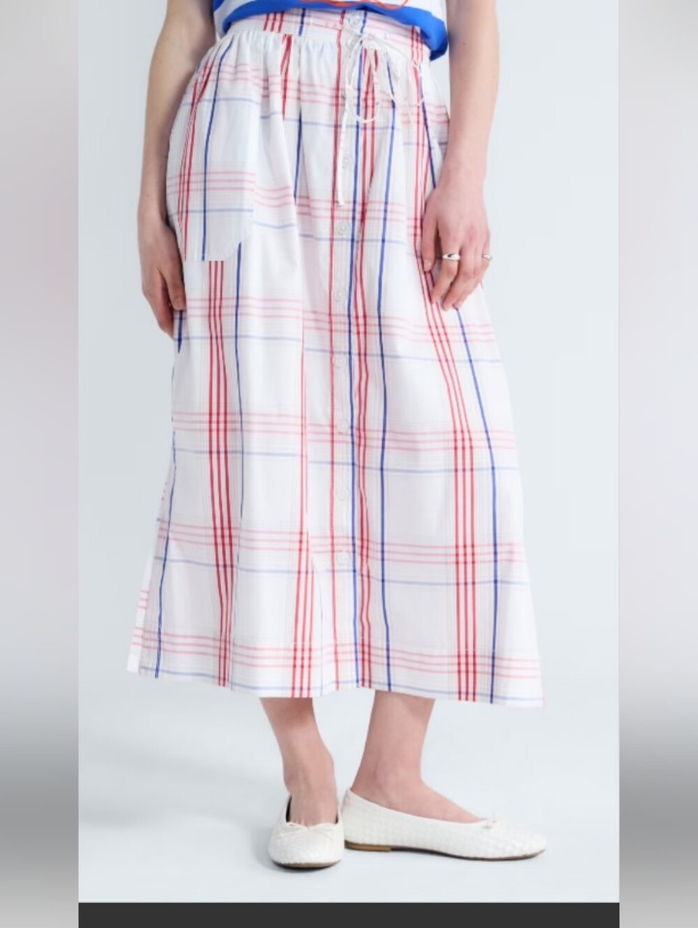 Free Assembly Women's White Plaid Midi Skirt with Red & Blue Stripes